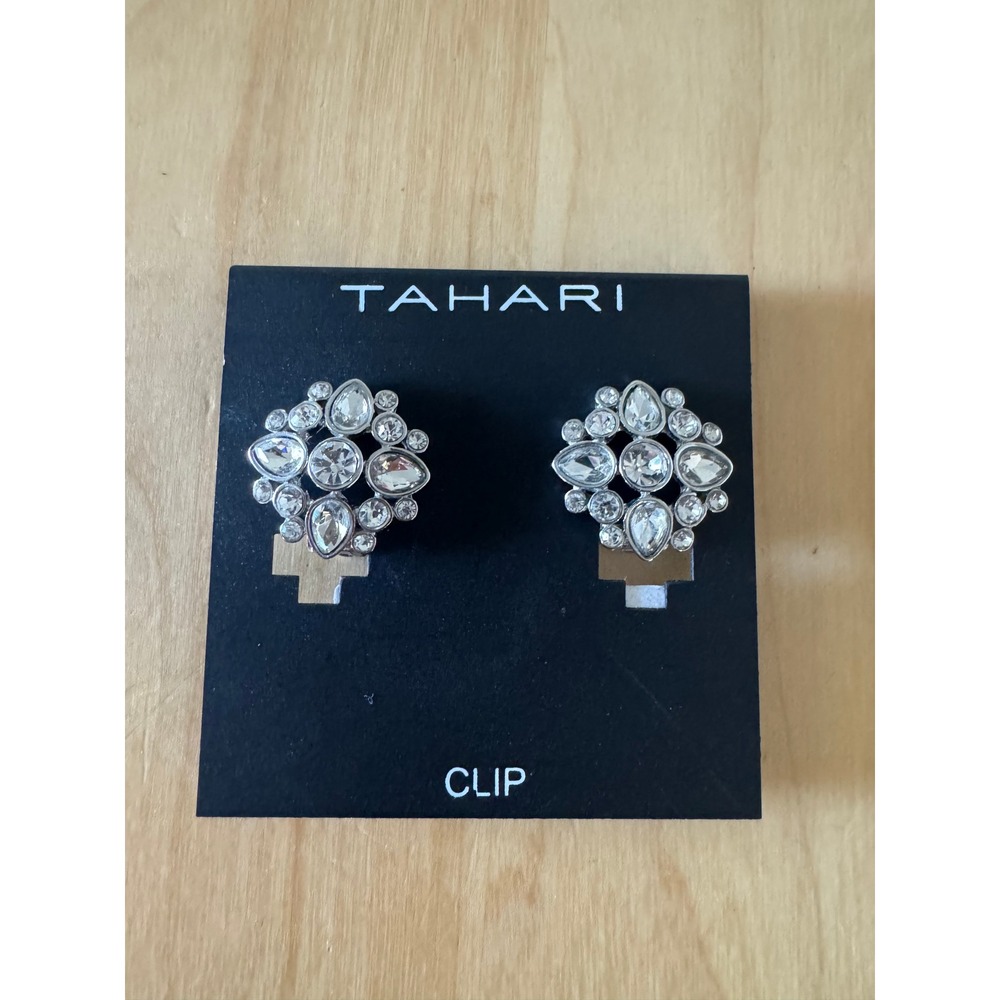 Tahari Clip On Earrings Crystal Floral Cluster Silver Tone OS Clear New With Tag
